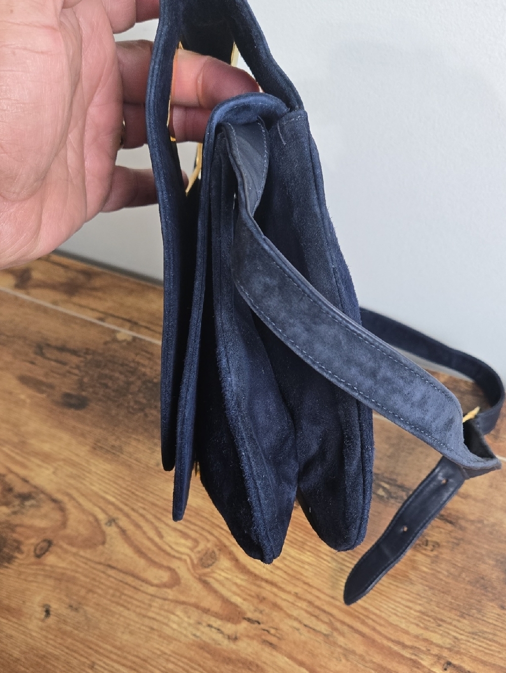 Vintage Salvatore Ferragamo Blue Suede Shoulder Bag with Gold Accent Euro Boho - Picture 4 of 12